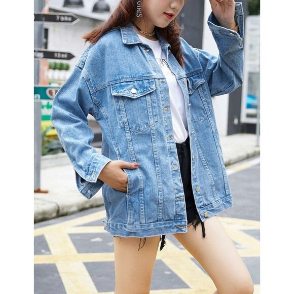 Women Blue 100% Cotton Oversized Mid Long Denim Jacket Jean Biker Coat - Picture 6 of 8